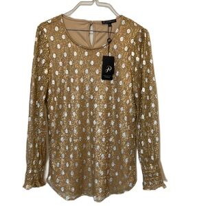 Brand NWT, Women’s Adrianna Papell Scoop Neck Long Sleeve Blouse, Gold/Silver Sm